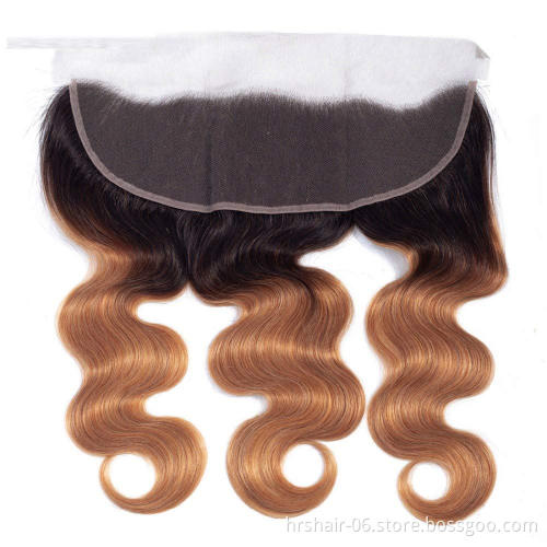 T1B/30 Ombre 3 Bundles with 13*4 Lace Frontal Closure, Pre Plucked Two Tone Body Wave Human Hair Weave with Frontal